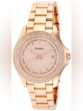 Fossil Women's Rose Gold-tone Crystal Bezel Bracelet Watch
